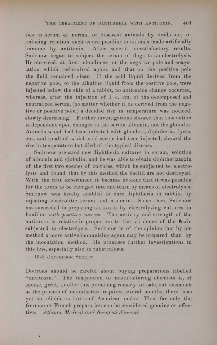 The Treatment of Diphtheria with Antitoxin: To Be Prepared without the Mediation of the Animal Organism.