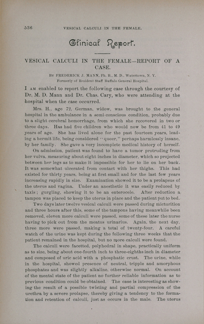 Vesical Calculi in the Female-Report of a Case.
