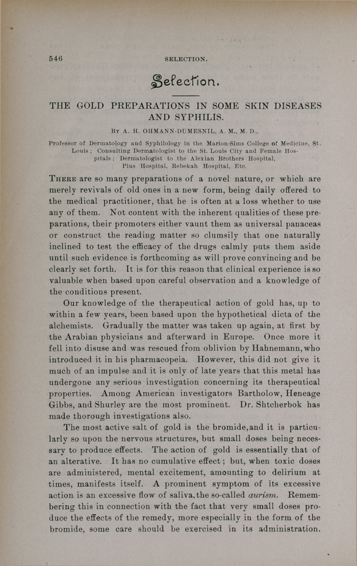 The Gold Preparations in Some Skin Diseases and Syphilis.