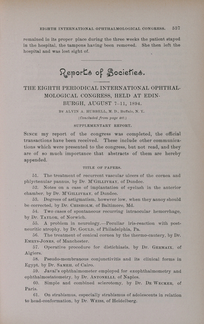 The Eighth Periodical International Ophthalmological Congress.
