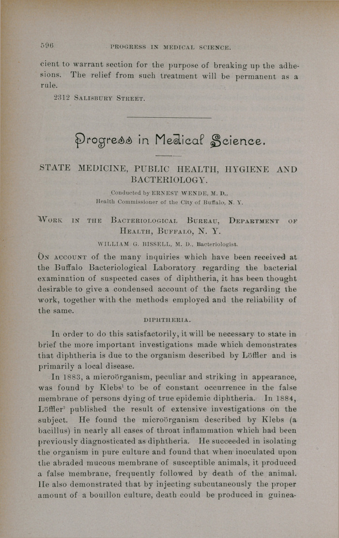 State Medicine, Public Health, Hygiene and Bacteriology.