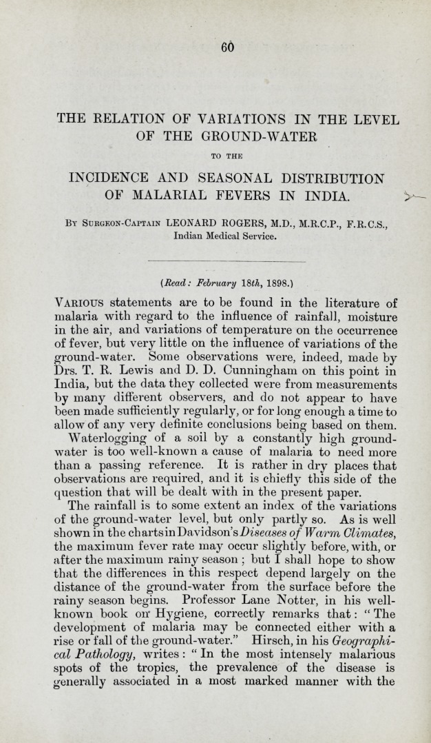 The Relation of Variations in the Level of the Ground-Water to the Incidence and Seasonal Distribution of Malarial Fevers in India.