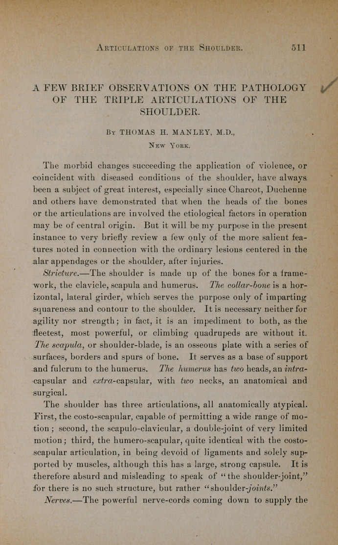 A Few Brief Observations on the Pathology of the Triple Articulations of the Shoulder.