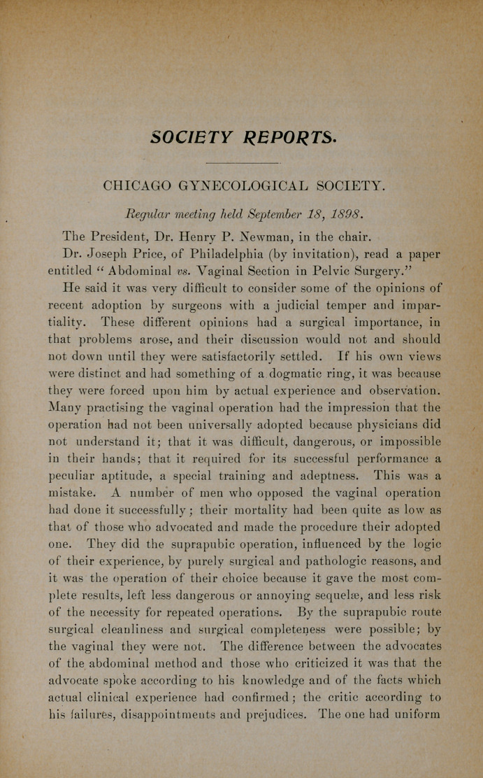 Chicago Gynecological Society: Regular Meeting Held September 18, 1898.