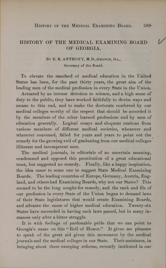 History of the Medical Examining Board of Georgia.