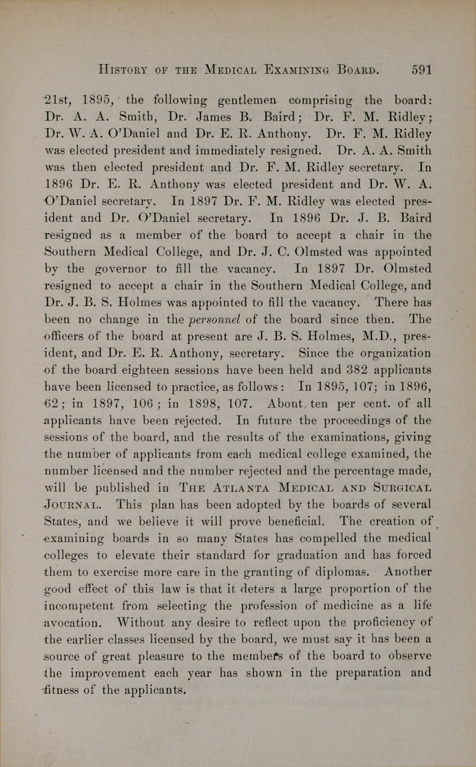 History of the Medical Examining Board of Georgia.