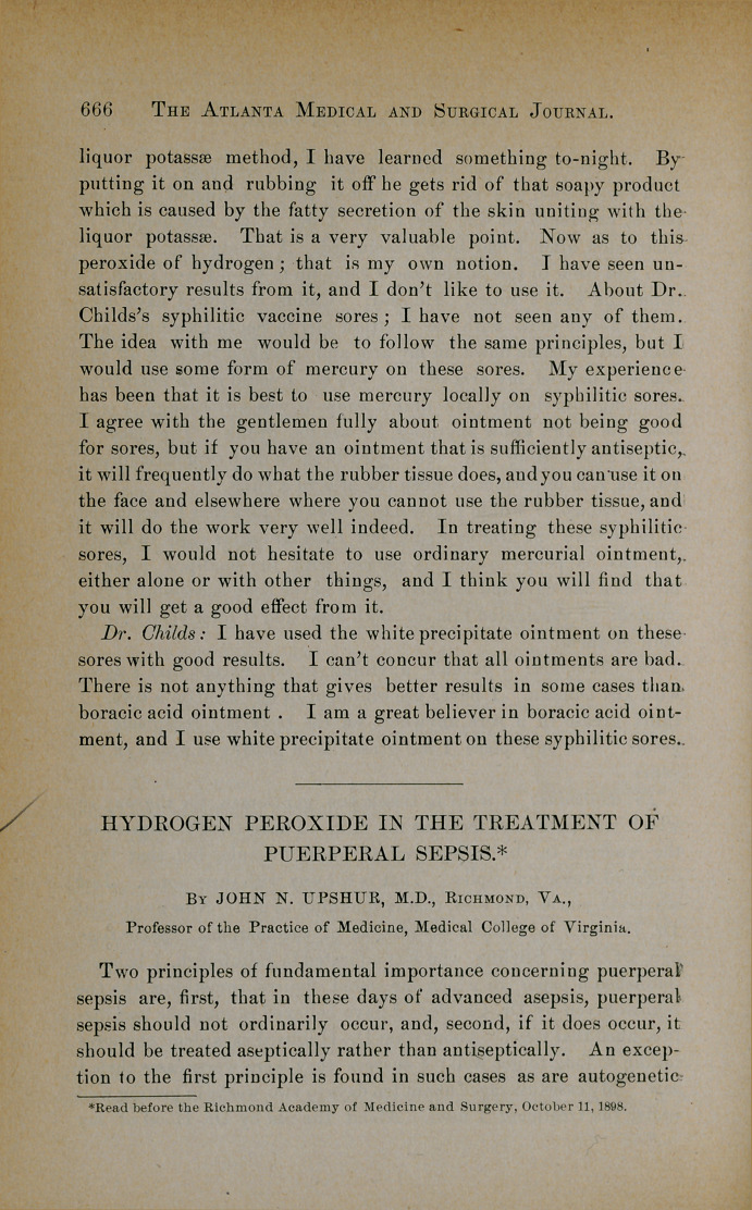 Hydrogen Peroxide in the Treatment of Puerperal Sepsis.