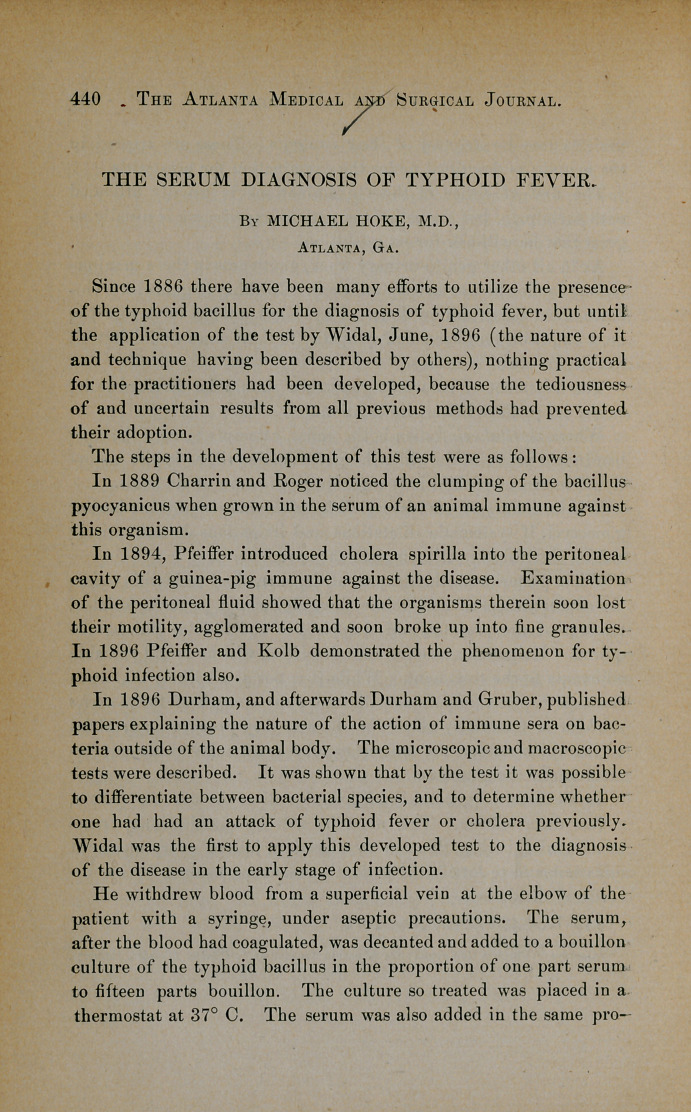 The Serum Diagnosis of Typhoid Fever.