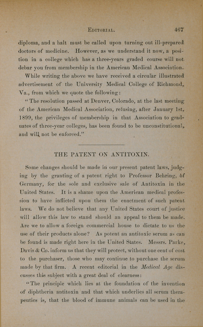 The Patent on Antitoxin.