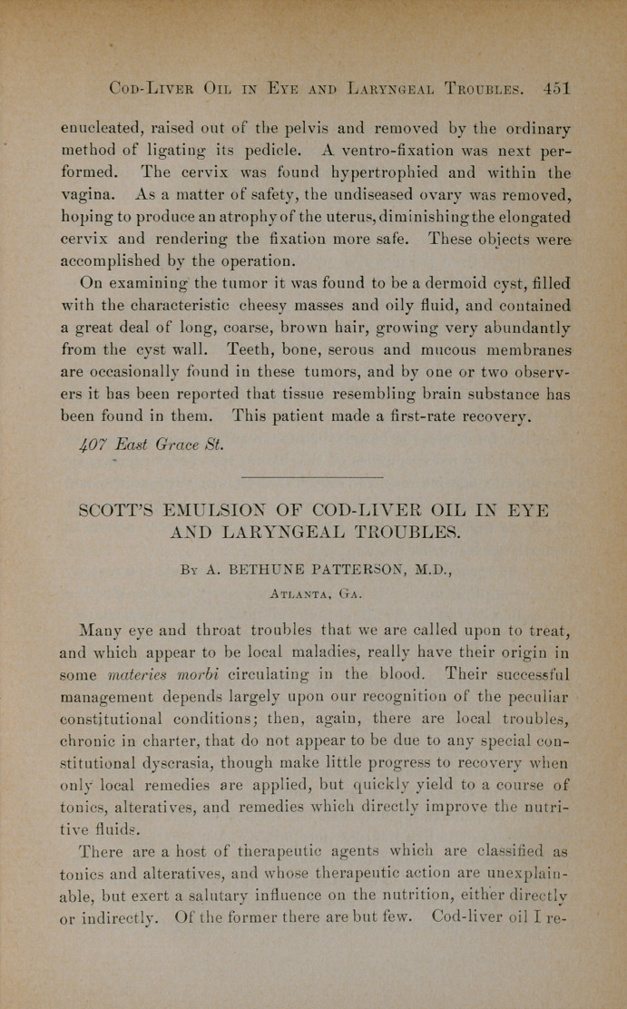 Scott's Emulsion of Cod-Liver Oil in Eye and Laryngeal Troubles.