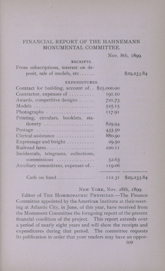 Financial Report of the Hahnemann Monumental Committee.