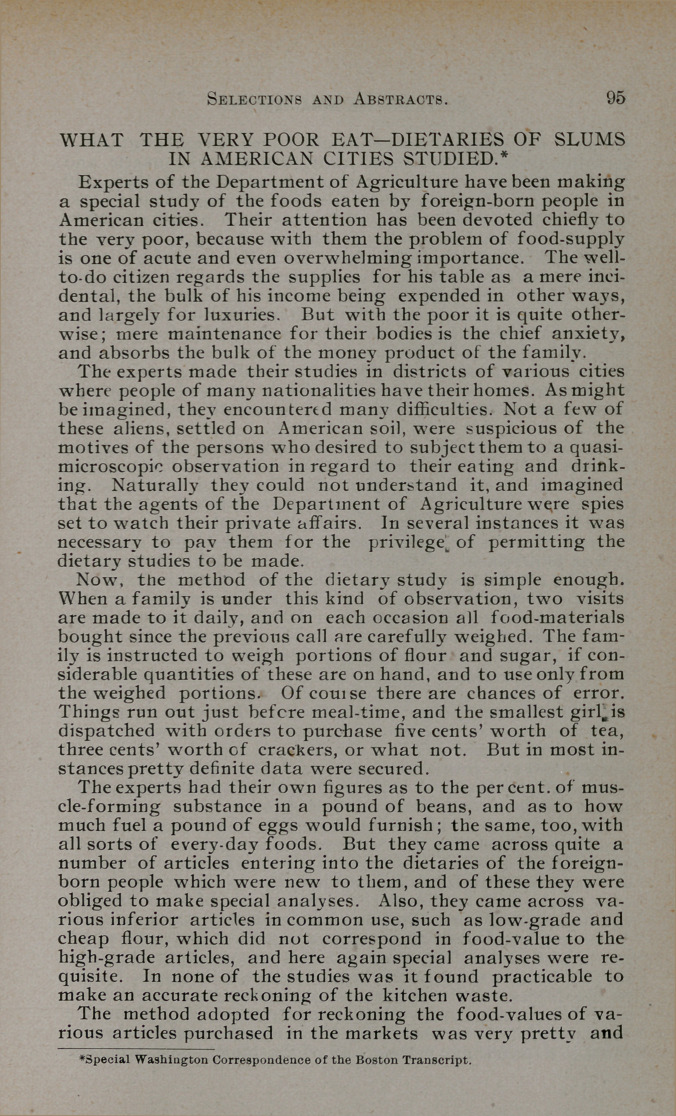 What the Very Poor Eat-Dietaries of Slums in American Cities Studied.