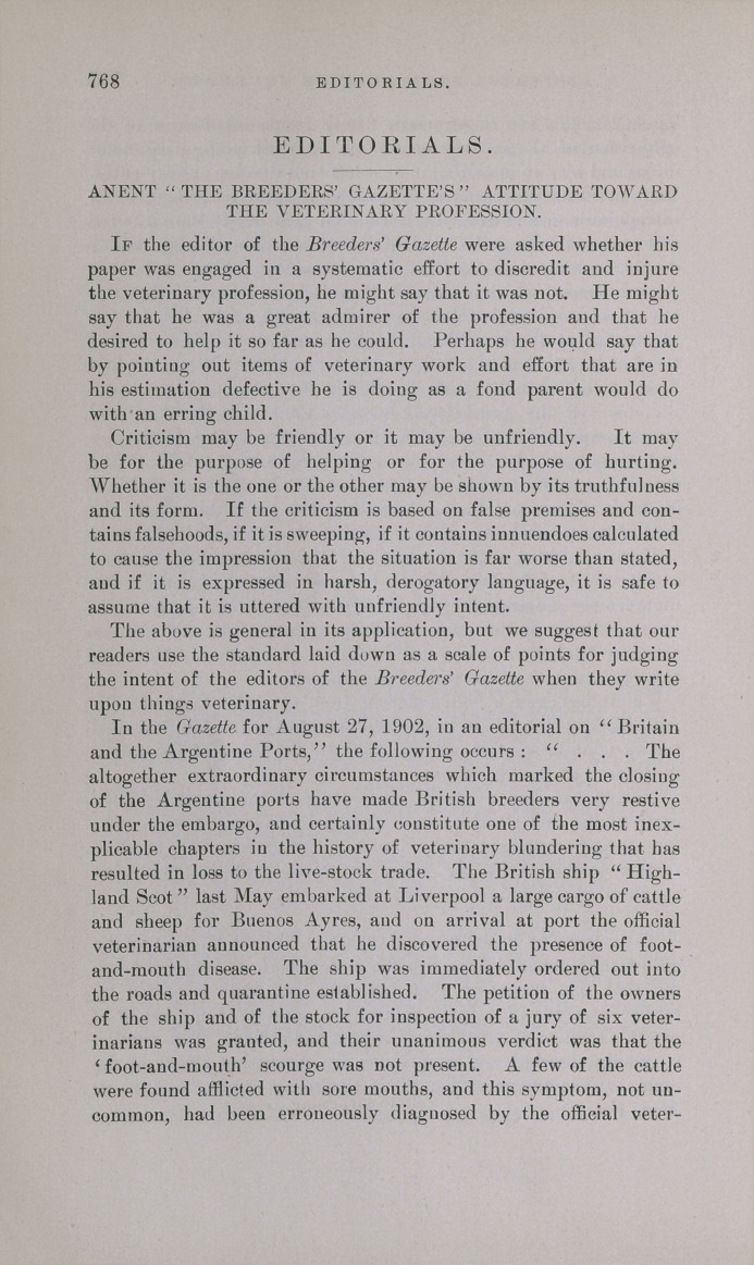 Anent "the Breeders' Gazette's" Attitude toward the Veterinary Profession.
