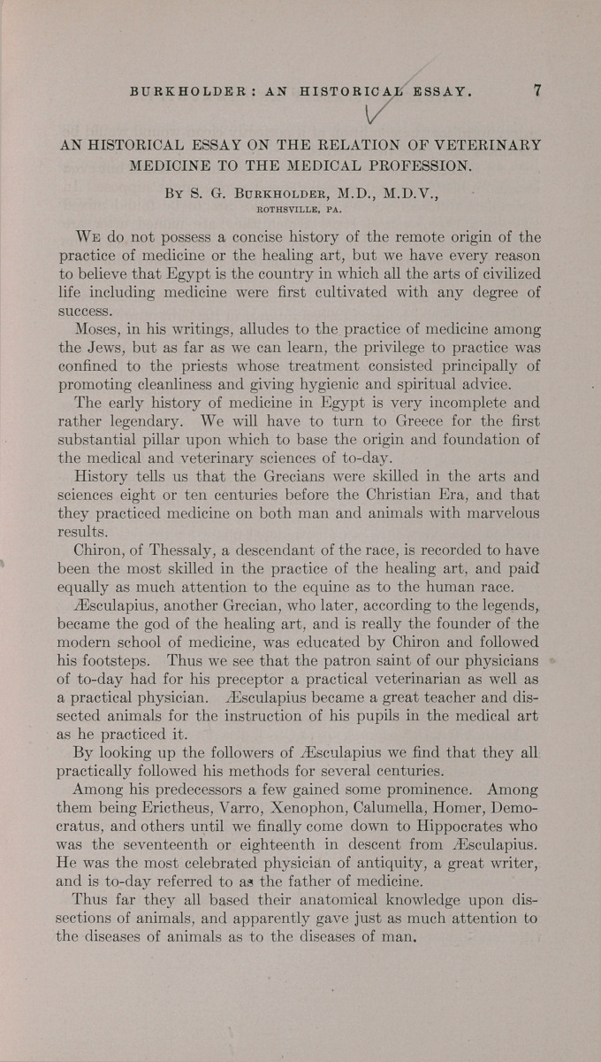 A Historical Essay on the Relation of Veterinary Medicine to the Medical Profession.