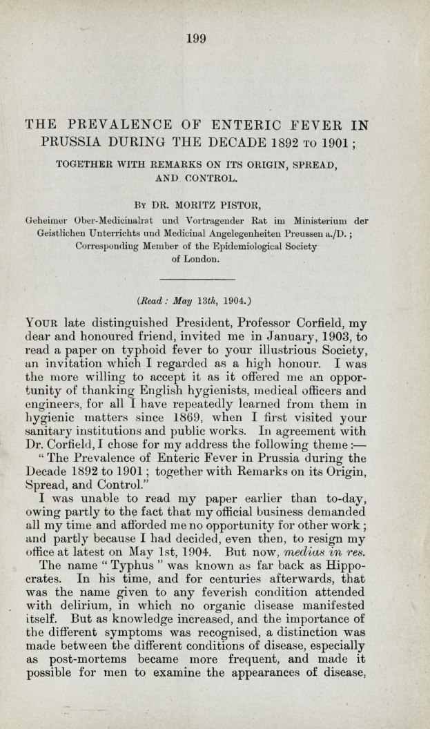 The Prevalence of Enteric Fever in Prussia during the Decade 1893 to 1901: Together with Remarks on Its Origin, Spread, and Control.