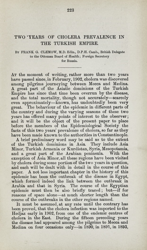 Five Years of Cholera Prevalence in the Turkish Empire.
