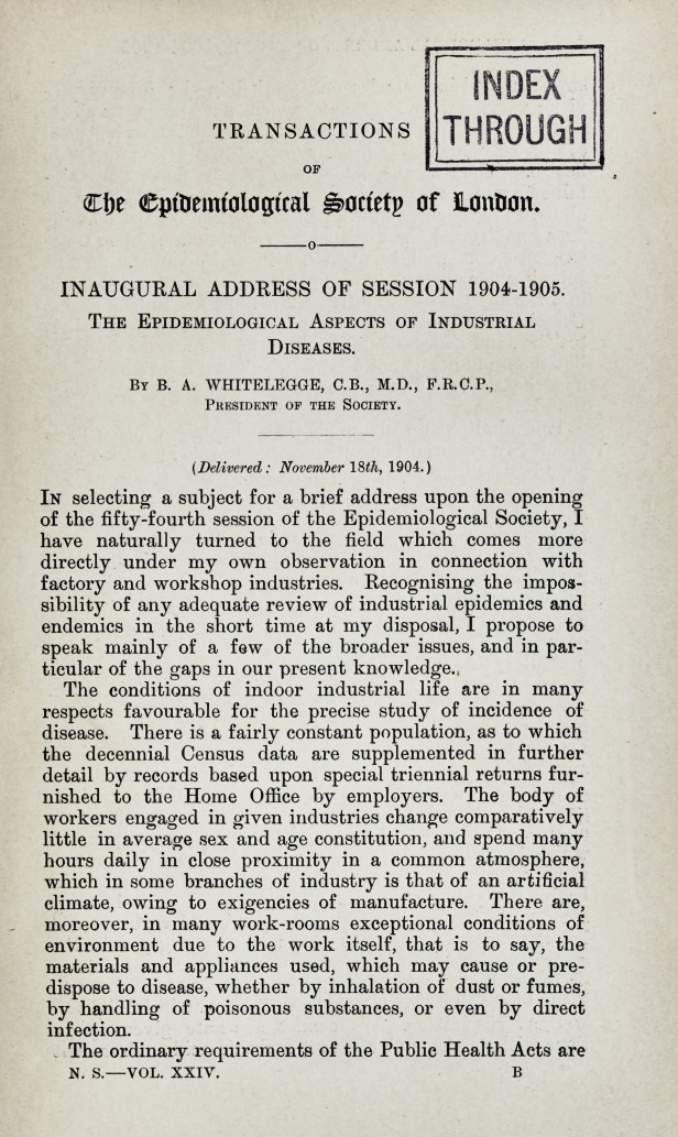 The Epidemiological Aspects of Industrial Diseases: Inaugural Address of Session 1904-1905.