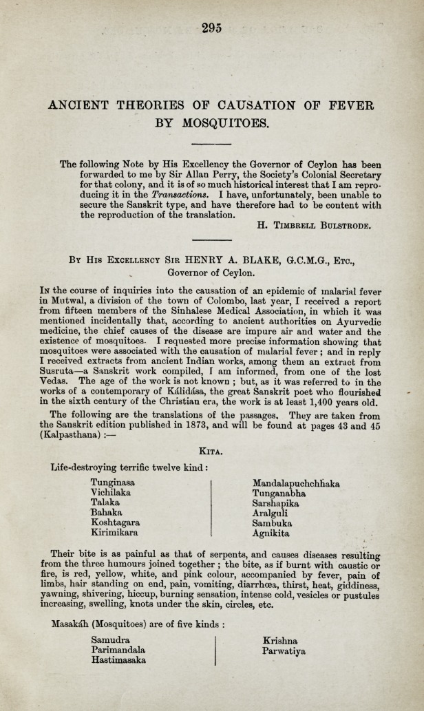 Ancient Theories of Causation of Fever by Mosquitoes.