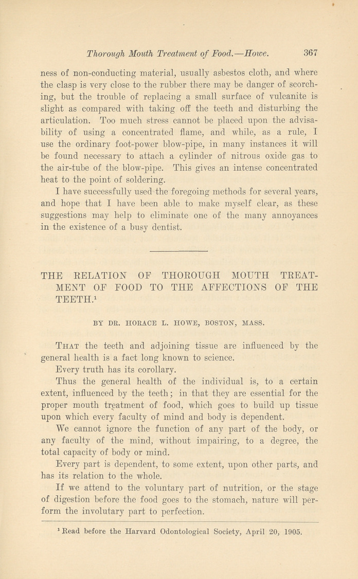 The Relation of Thorough Mouth Treatment of Food to the Affections of the Teeth.