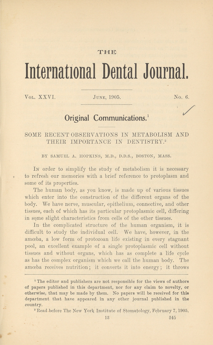 Some Recent Observations in Metabolism and Their Importance in Dentistry.