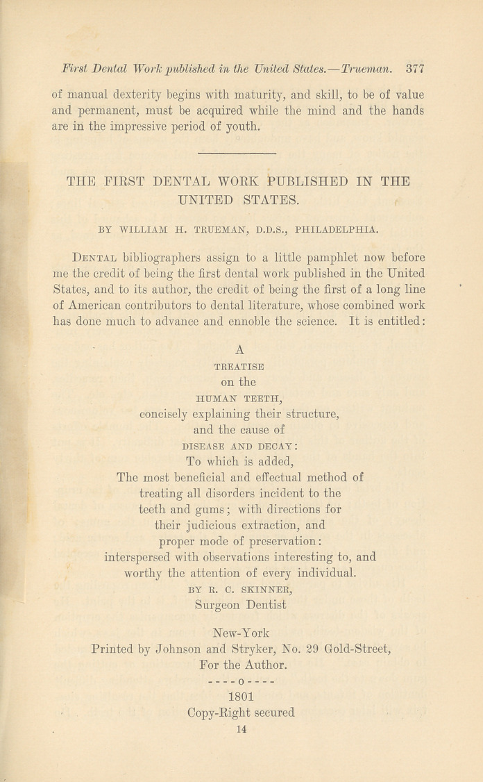 The First Dental Work Published in the United States.