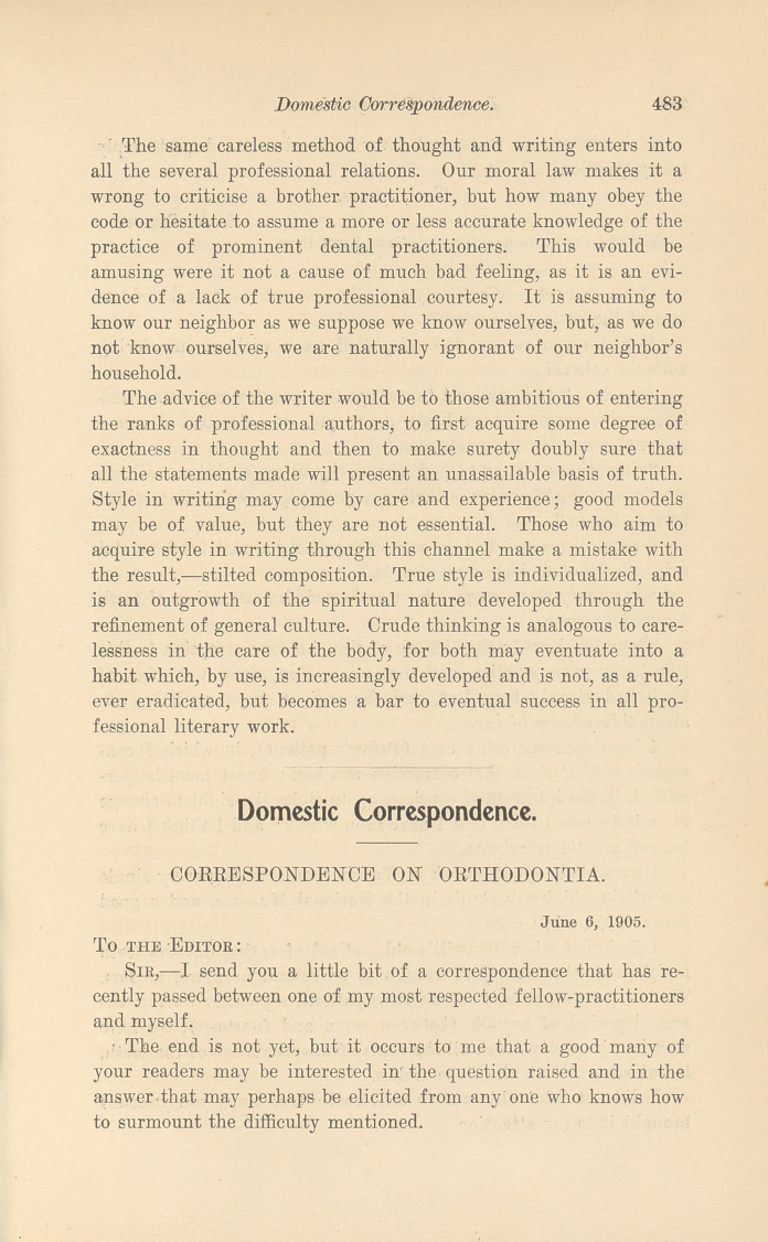 Correspondence on Orthodontia.