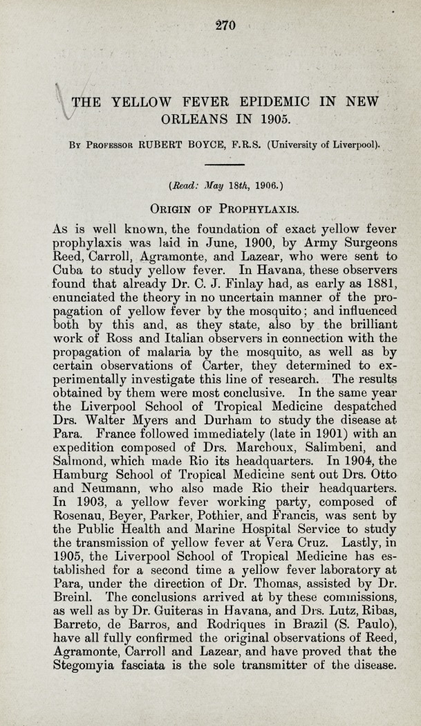 The Yellow Fever Epidemic in New Orleans in 1905.