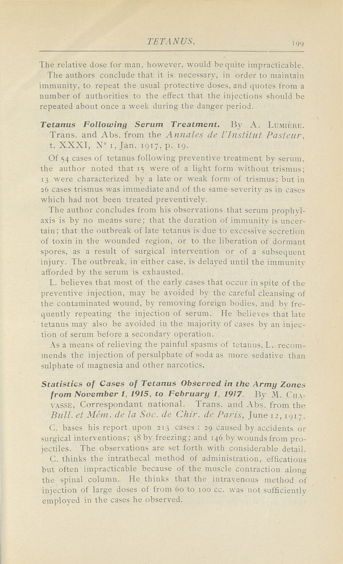 Statistics of Cases of Tetanus Observed in the Army Zones from November 1, 1915, to February 1, 1917.