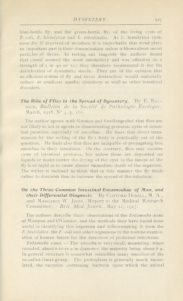 The Carriage of Cysts of Entamoeba, Histolytica, Protozoa, and Eggs, by House-Flies.