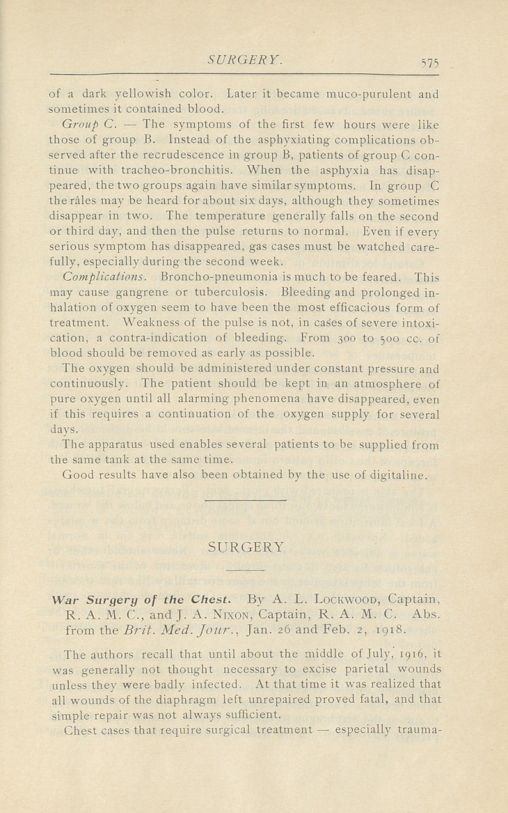 Intoxication by Asphyxiating Gas and Its Treatment.