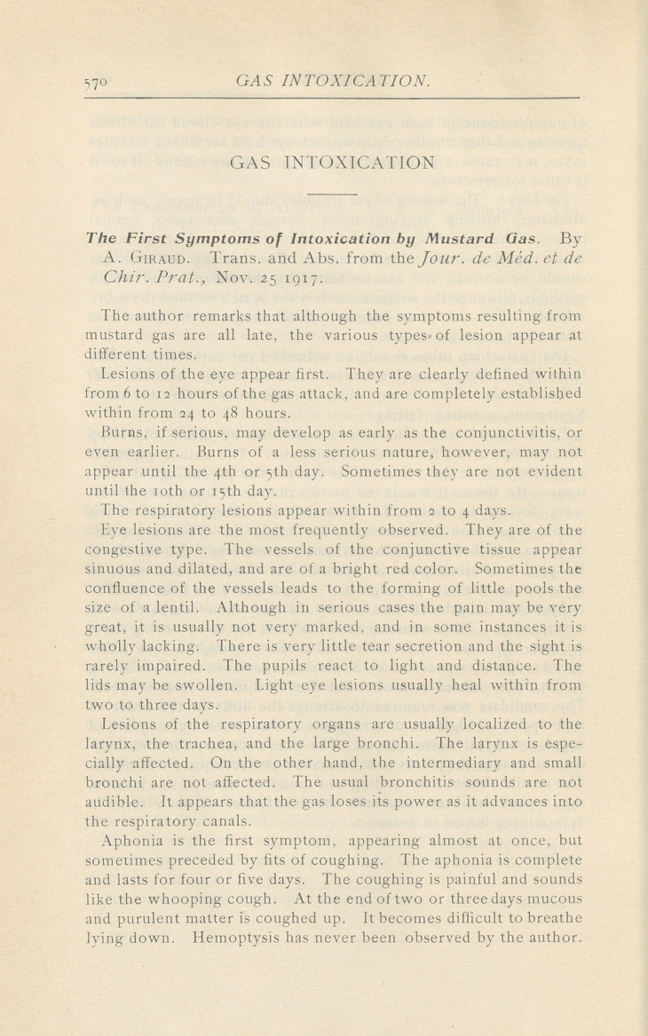 The First Symptoms of Intoxication by Mustard Gas.