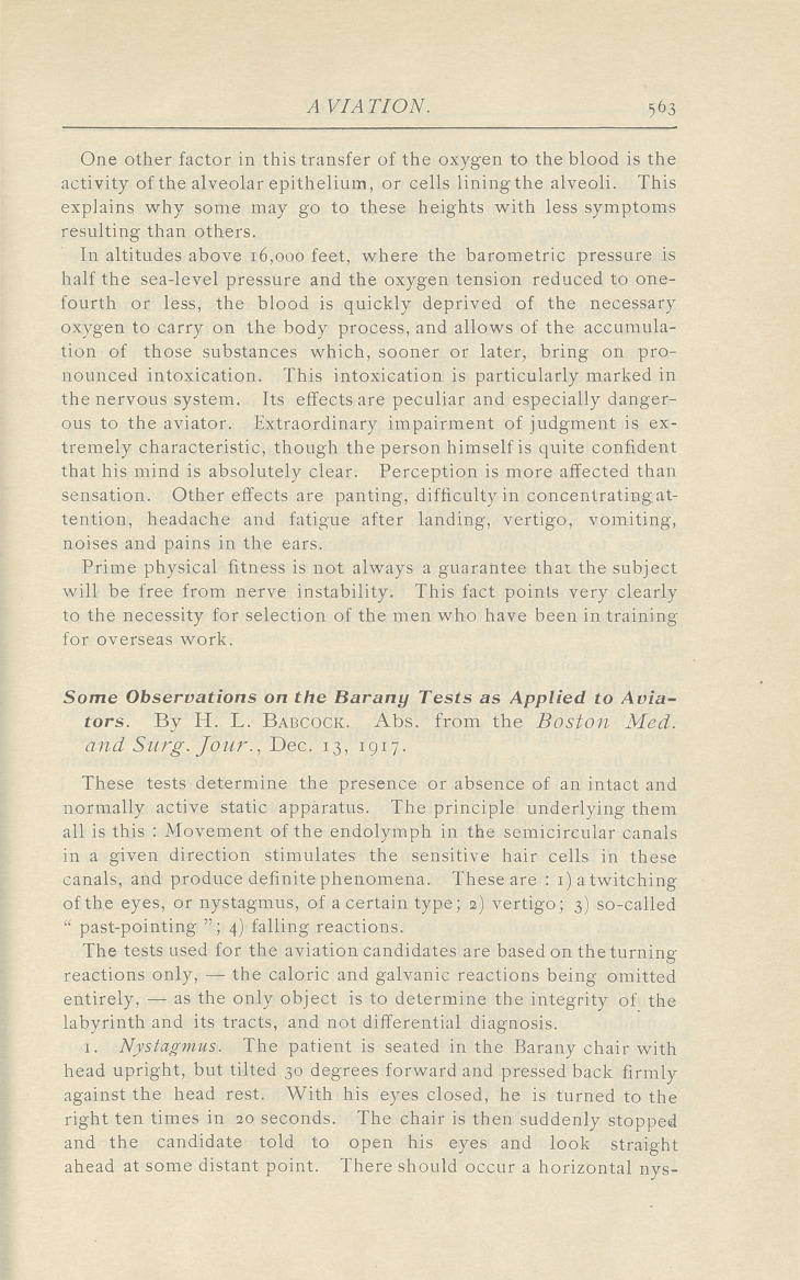 The Effects of High Altitudes upon the Efficiency of Aviators.