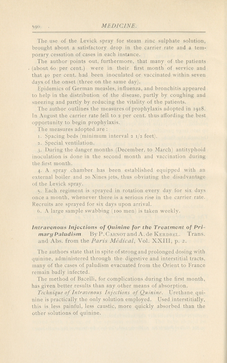 Intravenous Injections of Quinine for the Treatment of Primary Paludism.