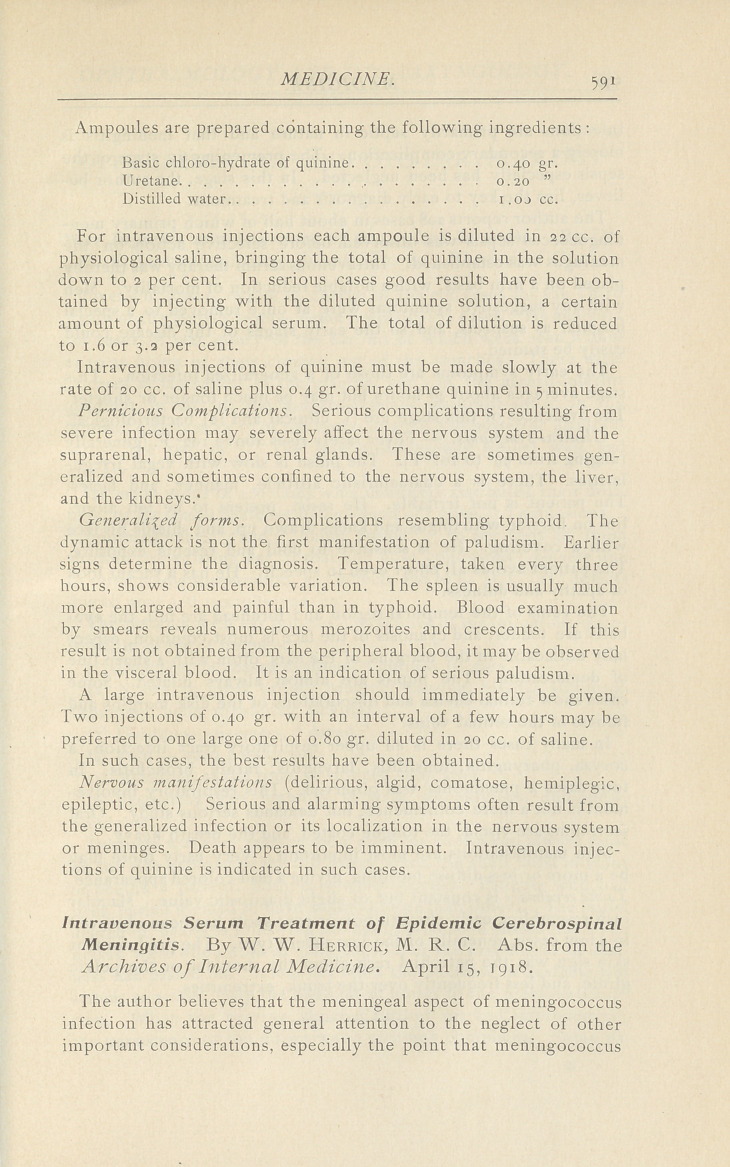 Intravenous Injections of Quinine for the Treatment of Primary Paludism.