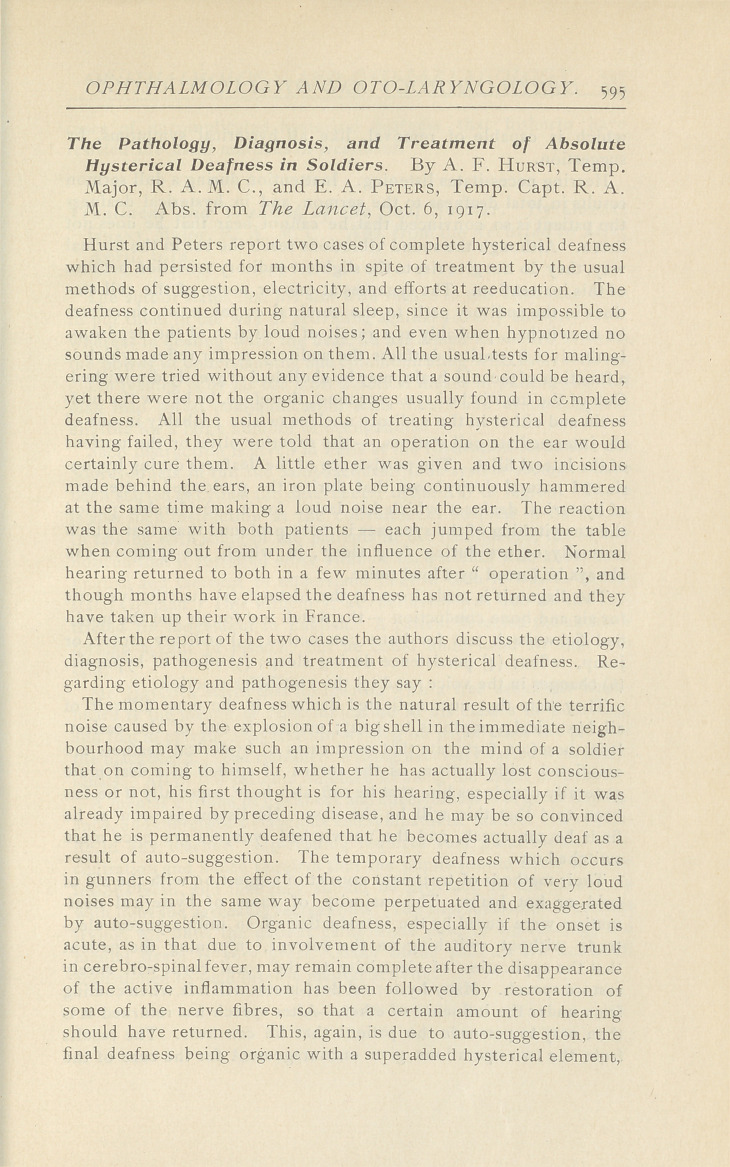 The Pathology, Diagnosis, and Treatment of Absolute Hysterical Deafness in Soldiers.