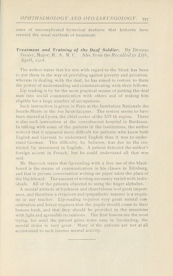 The Pathology, Diagnosis, and Treatment of Absolute Hysterical Deafness in Soldiers.