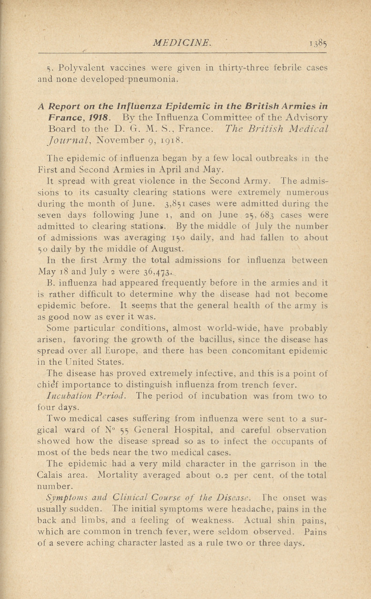 Notes on a Month of Influenza at a Base Hospital in France.