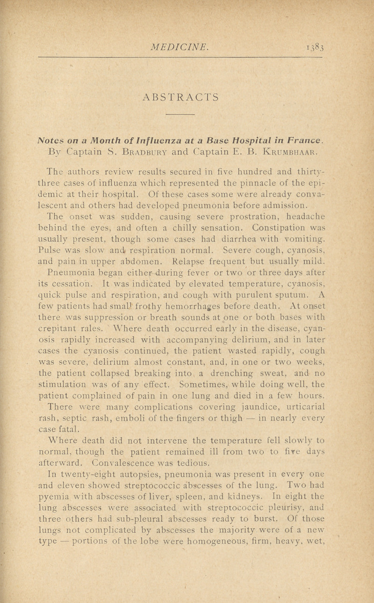 Notes on a Month of Influenza at a Base Hospital in France.