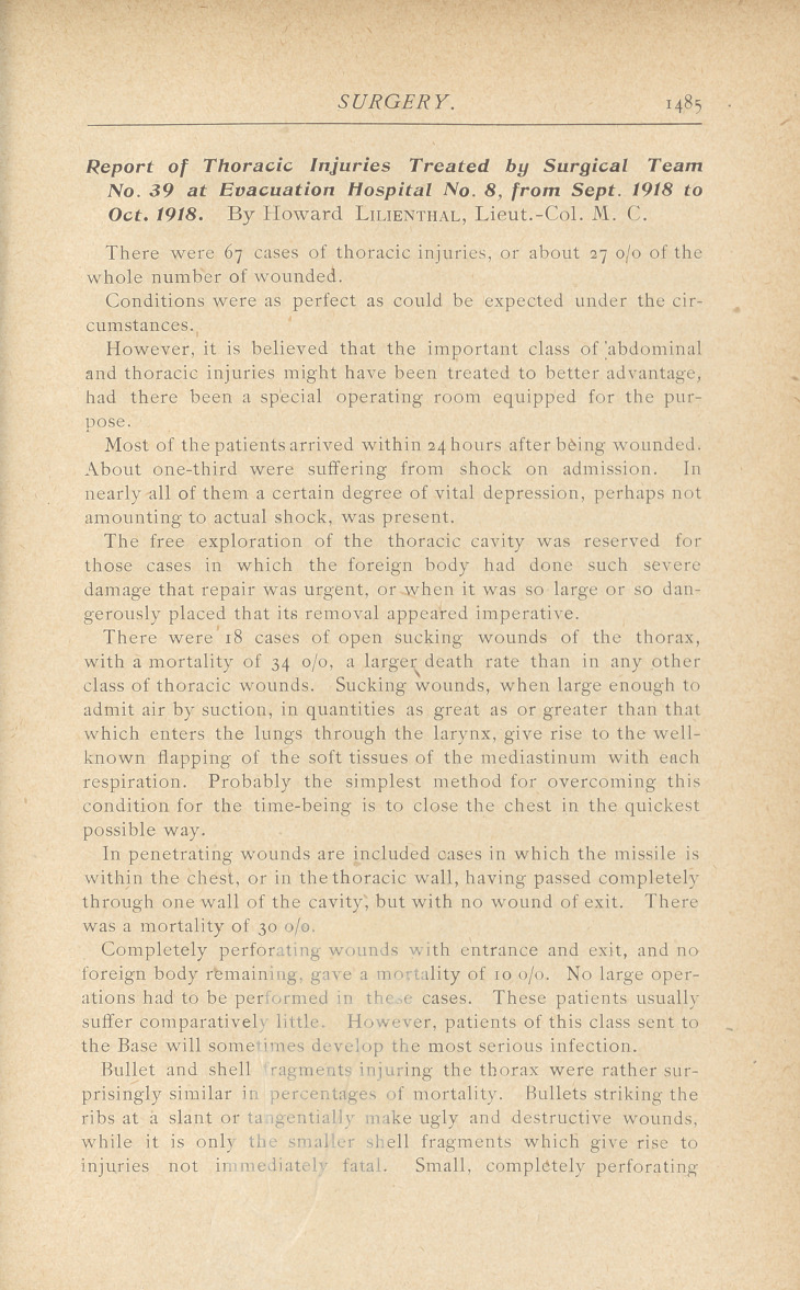 Report of Thoracic Injuries Treated by Surgical Team No. 39 at Evacuation Hospital No. 8, from Sept. 1918 to Oct. 1918.