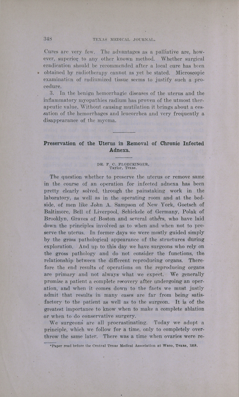 Preservation of the Uterus in Removal of Chronic Infected Adnexa.