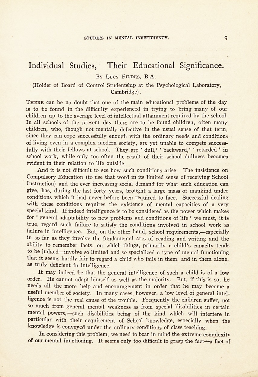 Individual Studies, Their Educational Significance.
