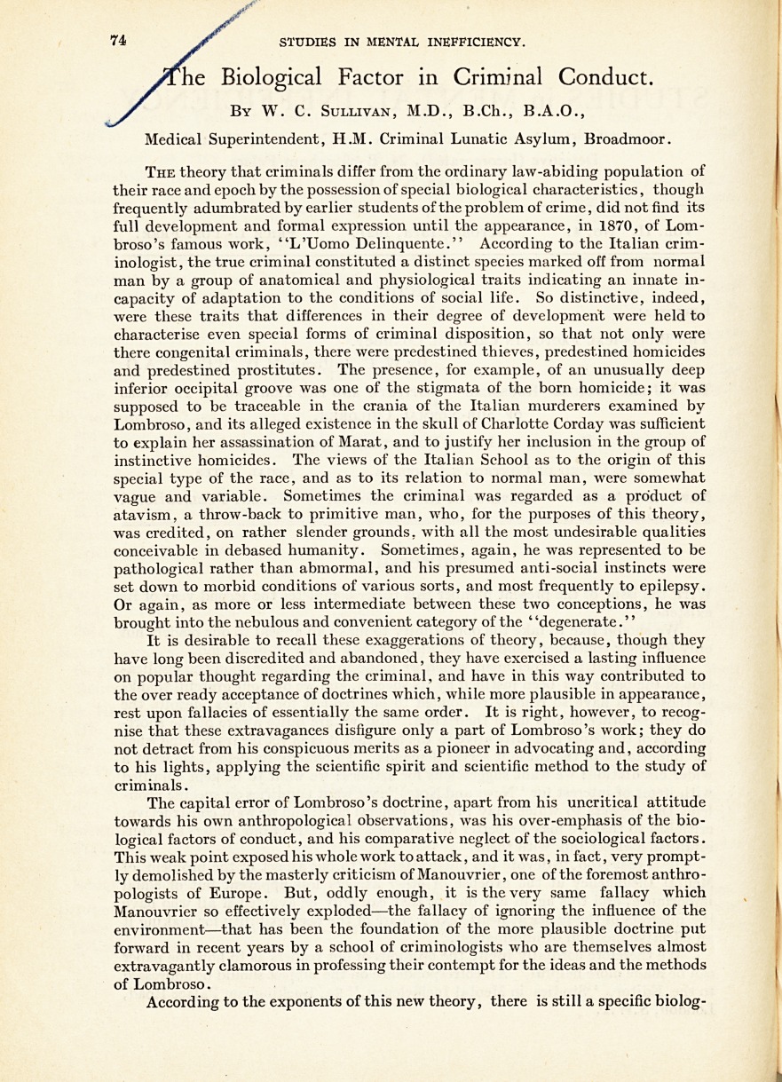 The Biological Factor in Criminal Conduct.