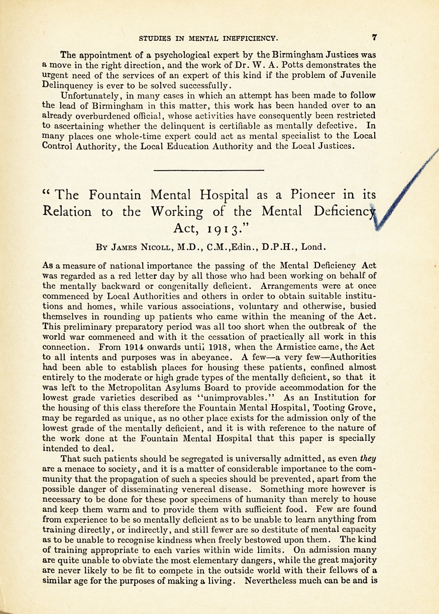The Fountain Mental Hospital as a Pioneer in Its Relation to the Working of the Mental Deficiency Act, 1913.