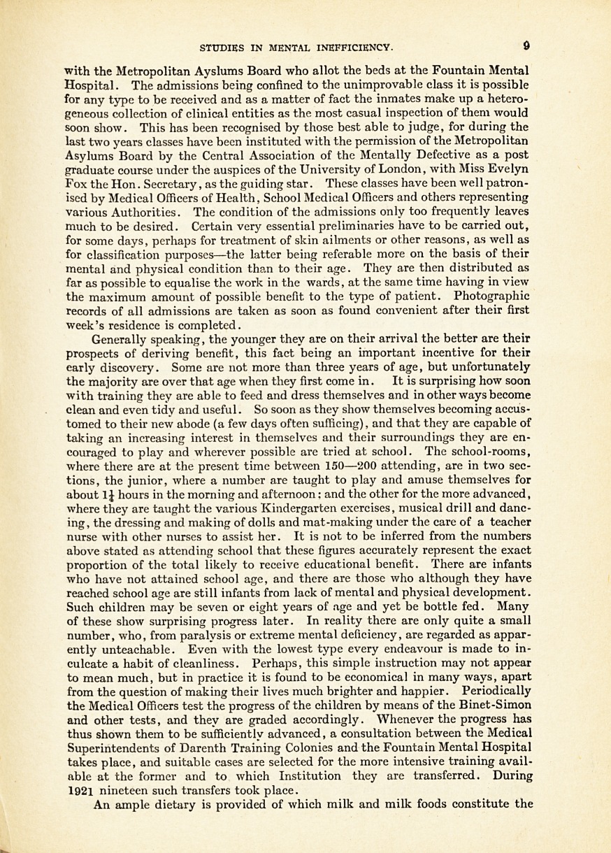 The Fountain Mental Hospital as a Pioneer in Its Relation to the Working of the Mental Deficiency Act, 1913.
