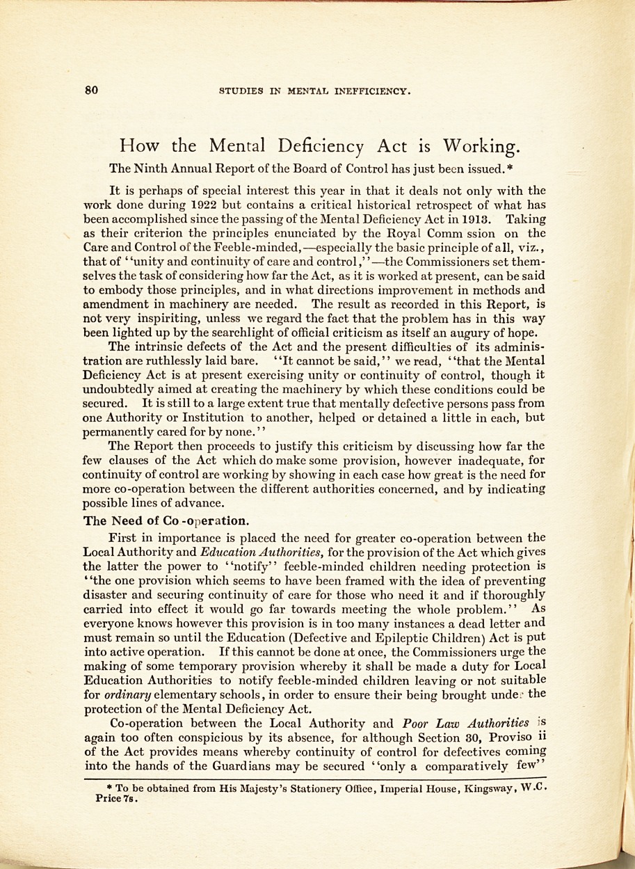 How the Mental Deficiency Act Is Working: The Ninth Annual Report of the Board of Control Has Just Been Issued.