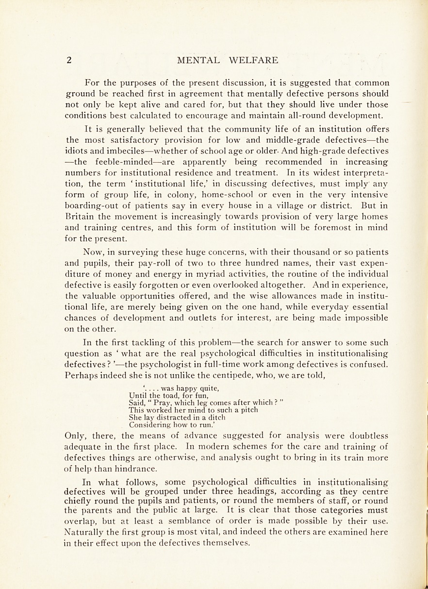 Some Psychological Problems in "Institutionalising" Defectives.