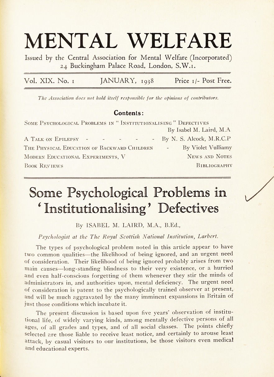 Some Psychological Problems in "Institutionalising" Defectives.