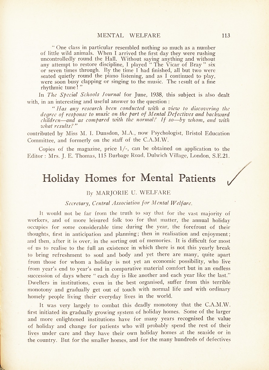 Holiday Homes for Mental Patients.