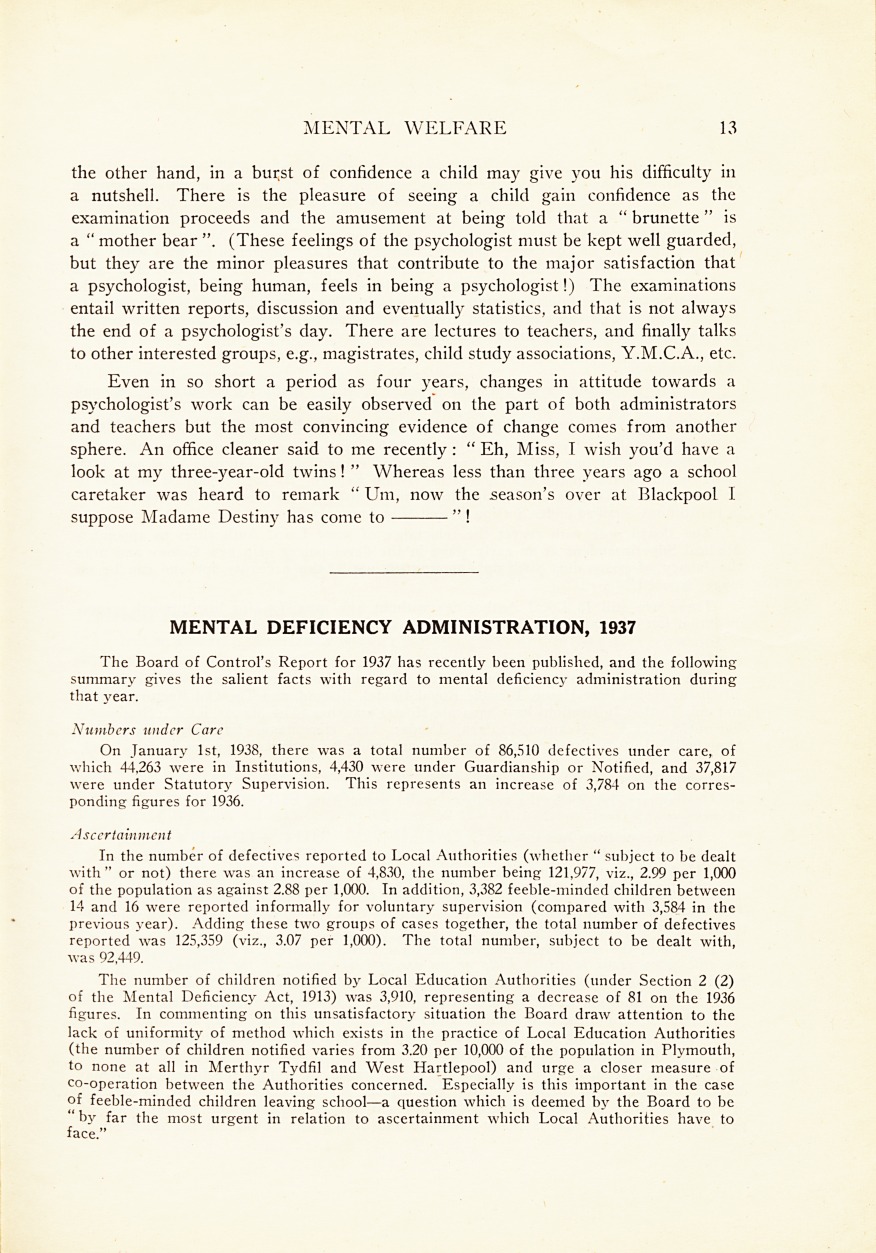 Mental Deficiency Administration, 1937.