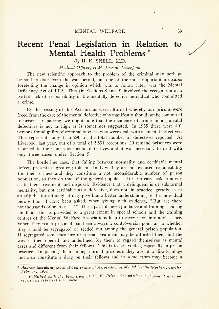 Recent Penal Legislation in Relation to Mental Health Problems.